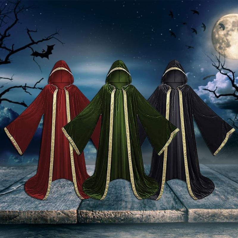 Halloween Death Cloak with Long Sleeve, Hooded Death Robe Cloak Meidieval Cape Costume for Adult Cosplay Party Halloween