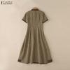 ZANZEA Damen Freizeit Langkleid mit Umlegekragen und Karomuster, Kurzarm
