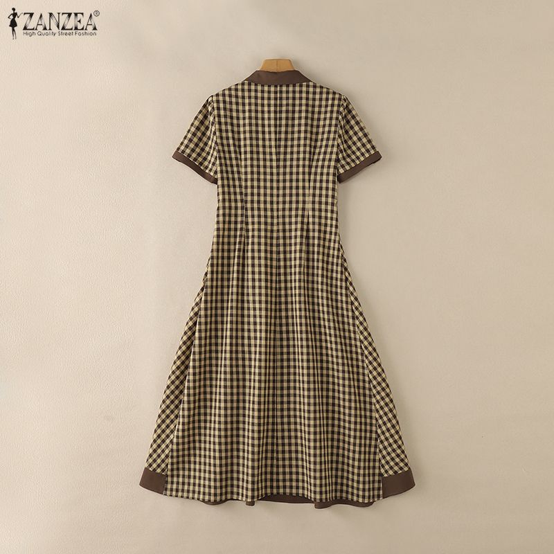 ZANZEA Damen Freizeit Langkleid mit Umlegekragen und Karomuster, Kurzarm