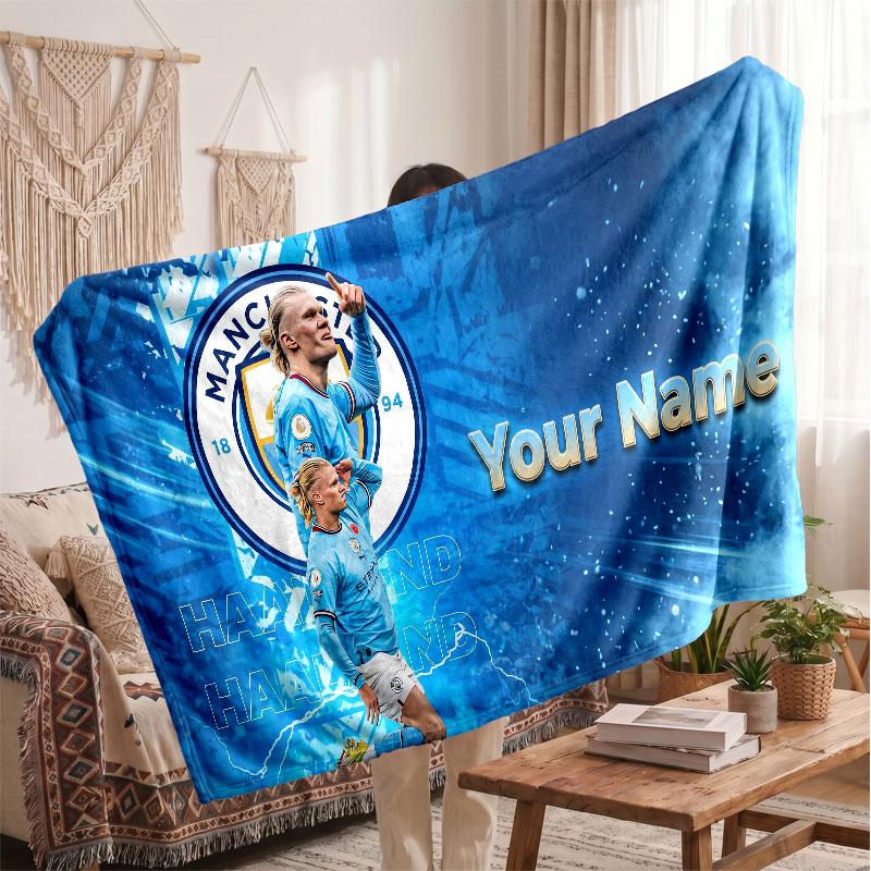 Erling Haaland Personalized Fleece Blanket With Football Logo, Custom Name Text Soft Warm Home Throw Blanket