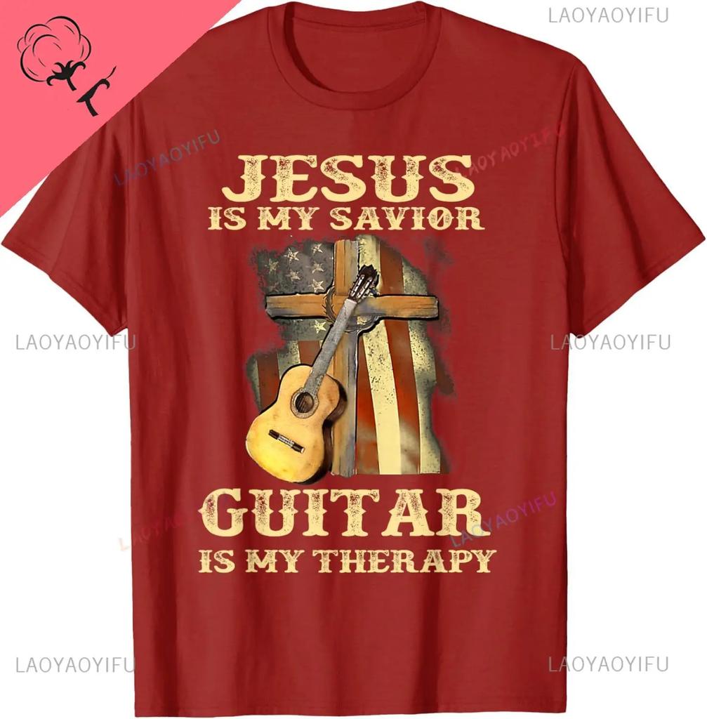 Jesus Is My Savior Guitar Is My Therapy Funny Christian TShirt Custom Printed Graphic T Shirts Cotton Camiseta Hombre