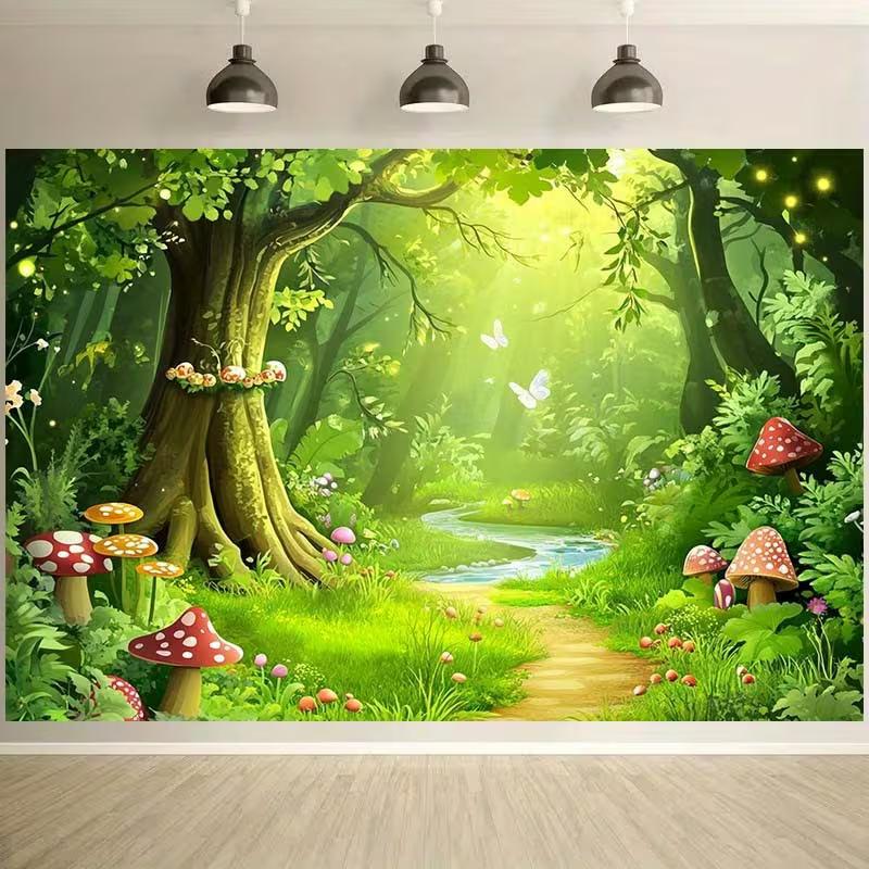 2D Fairy Tale Forest Background, Whimsical Mushrooms & Sunlight Themed Party Backdrop