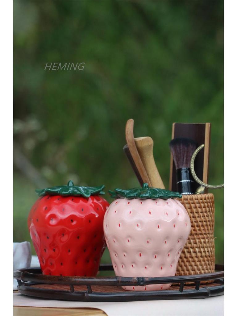 Hand-Painted Strawberry Ceramic Tea Can Ornament for Home Decor and Photography