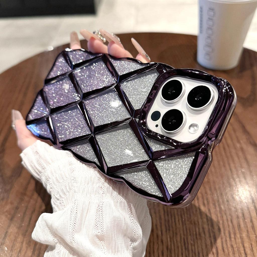 Luxury 3D Plating Diamond Grid Pattern Glitter Powder Phone Case for iPhone 11 12 13 14 15 Pro Max 12 Pro 13 Pro 14 Pro Max Anti-drop Soft TPU Cover