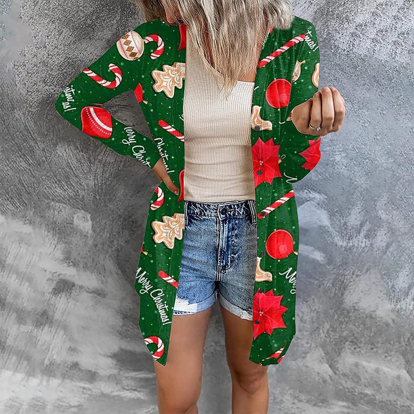 

Women s Casual Fashion Christmas Print Button Long Sleeve Cardigan Jacket XXL зелений