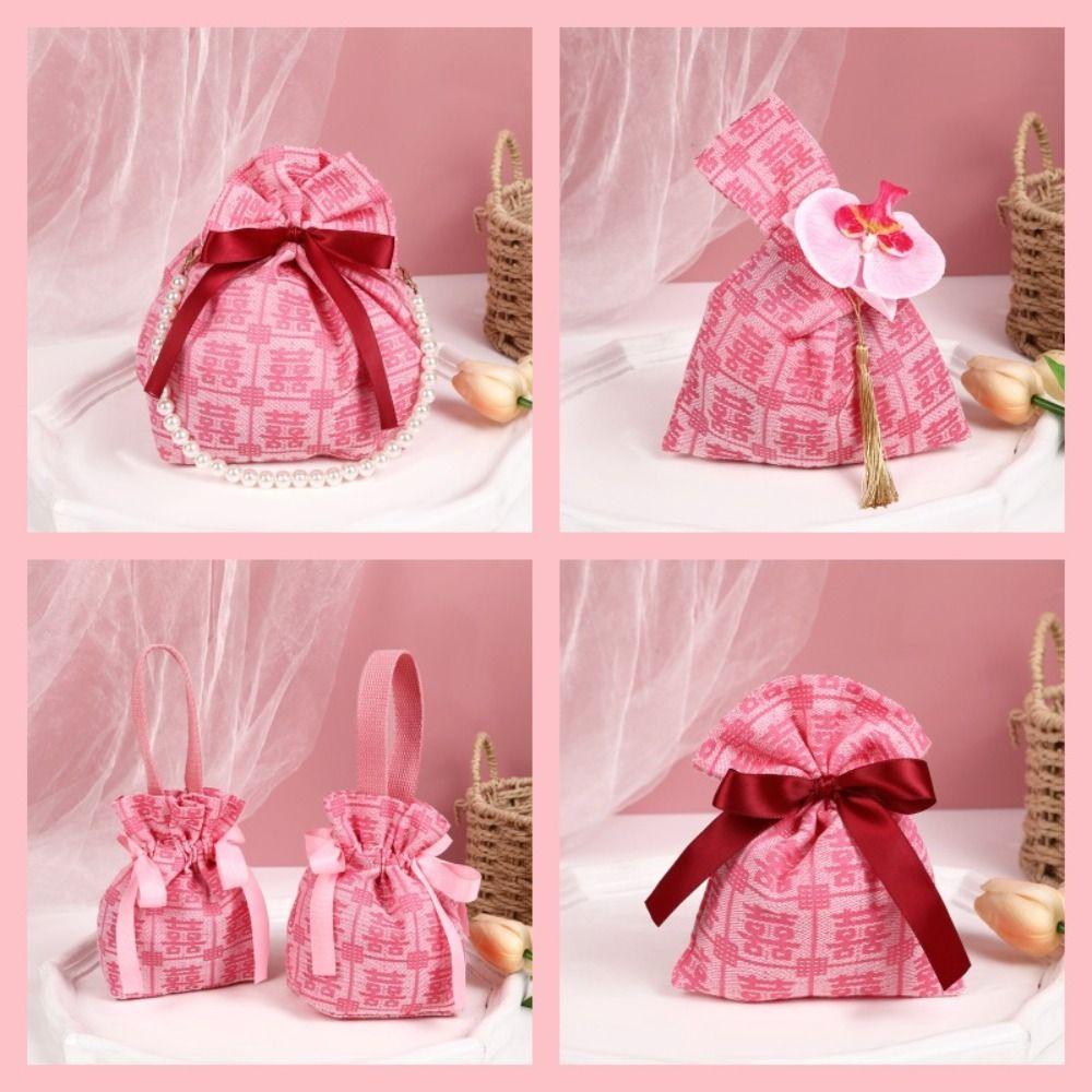 Pearl Handle Wedding Drawstring Bag Satin Bow Letter Flower Tassel Knot Wrist Bag Large Capacity Bucket Bag
