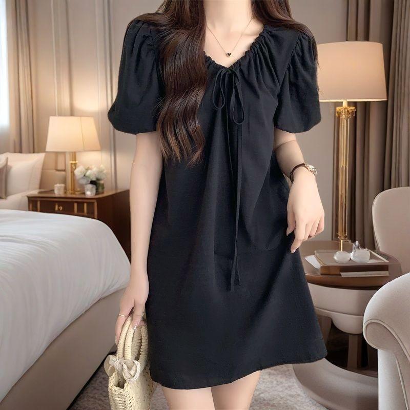 Puff Sleeve Elegant V-Neck Mini Dress Summer All-match Solid Color Female Clothing Fashionable Drawstring French Style Dresses