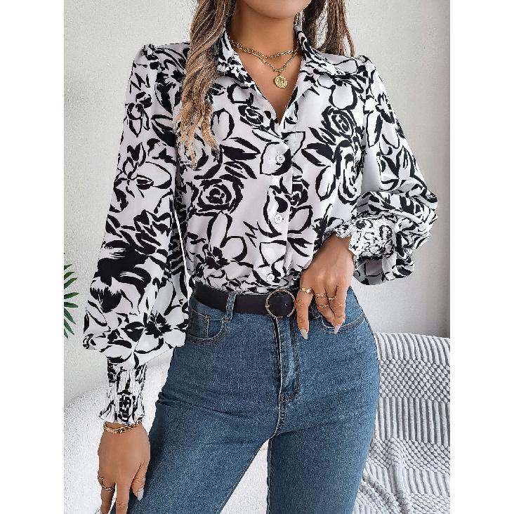 2026 Spring/Summer Elegant Contrast Color Floral Lantern Sleeve Turn-down Collar Shirt Casual Breathable Women s Top S белый