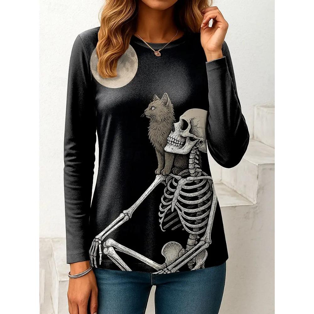 Women's Halloween 3D Printed Skull Long Sleeve T-shirts Autumn Loose Casual Round Neck Fashion Top