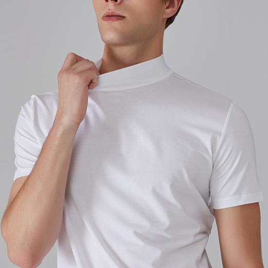 Heren Halve Hoge Kraag Slim Fit T-shirt Zomer Casual Korte Mouw Effen Kleur Elastisch Dun Pullover T-shirt