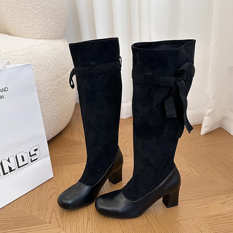 Retro women's boots with skirt fashionable square head new stacked thin boots high heels boots women's autumn black cloth
