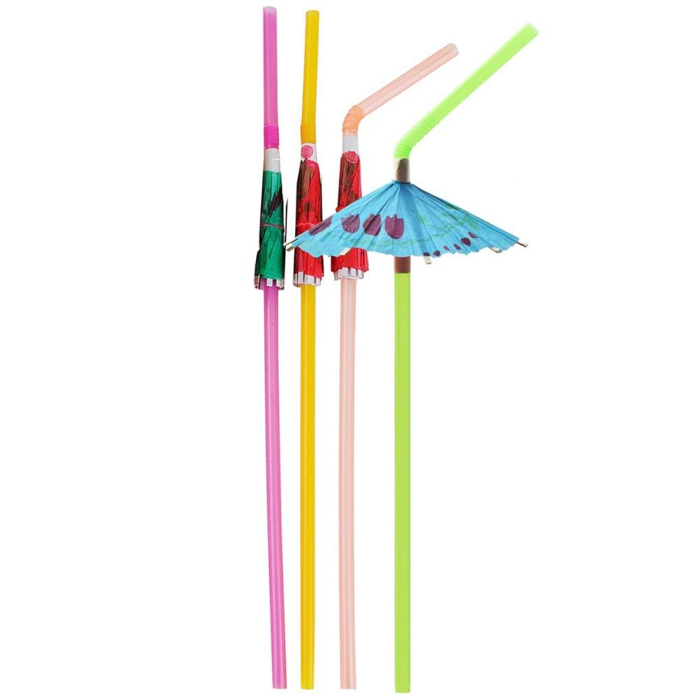 100pcs Mixed Color Hawaiian Party Drink Straws Plastic Parasol Drinking Straws  Beach