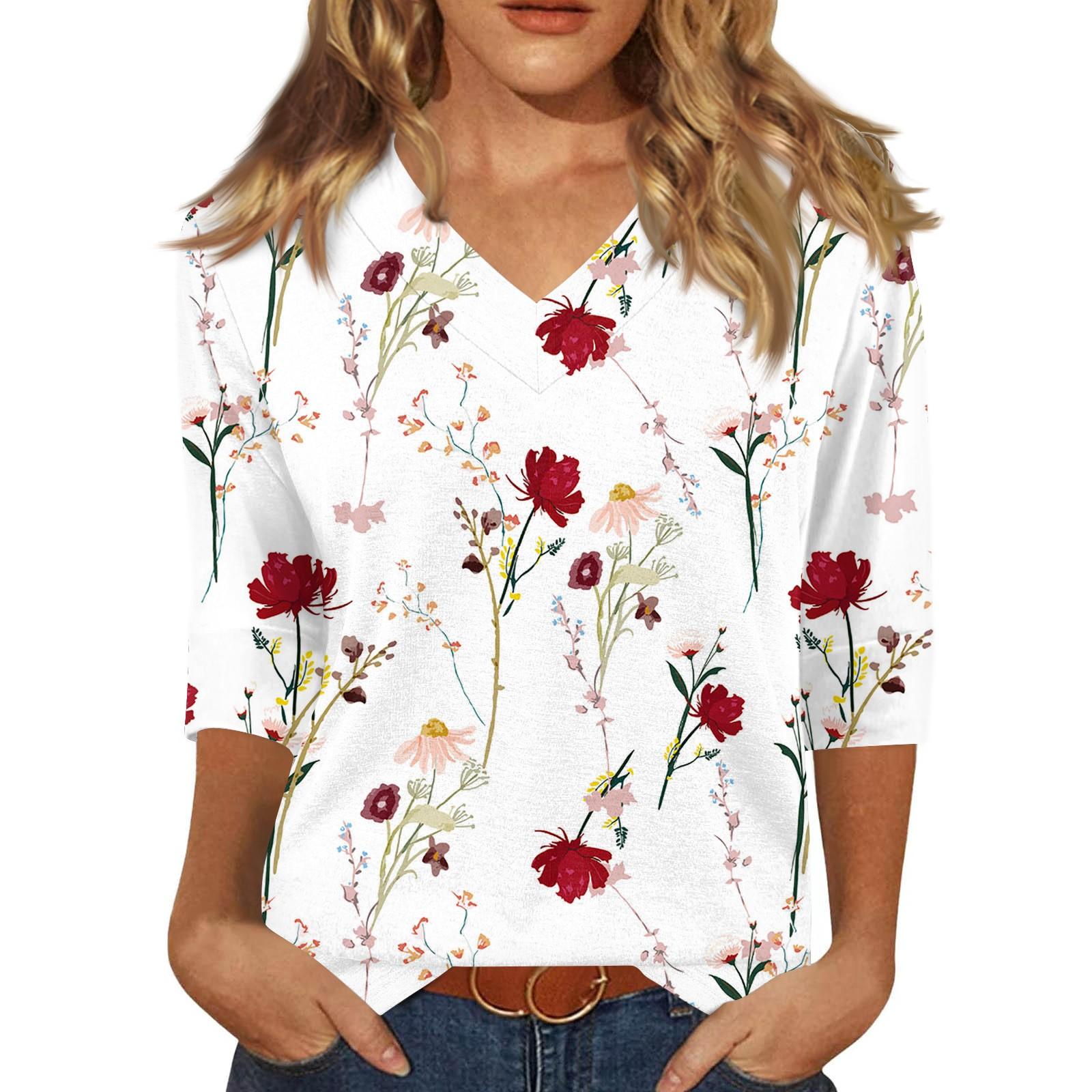 

Жіночі літні топи Модний повсякденний топ з V-подібним вирізом та коротким рукавом з квітковими принтами L червоний