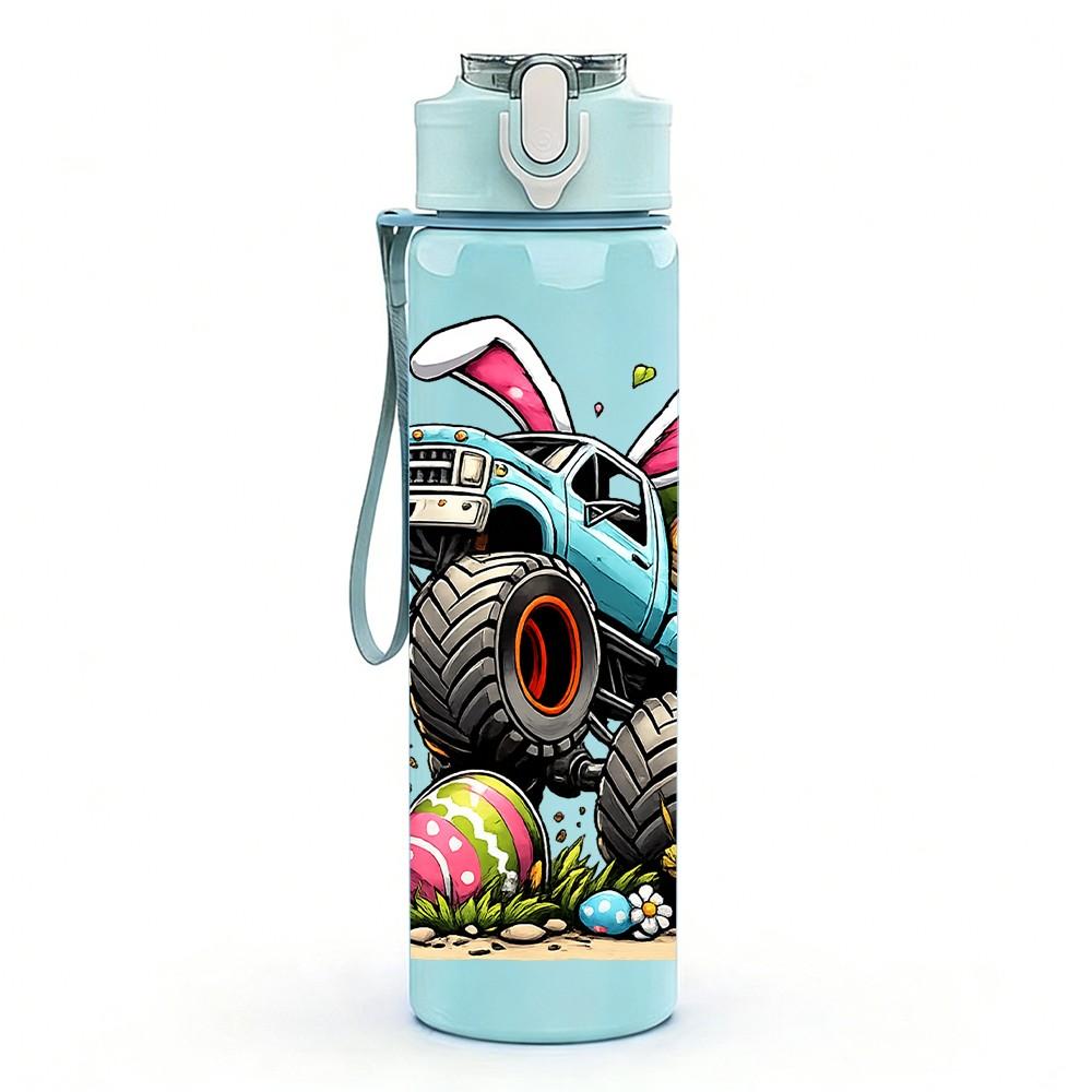 1PC Easter Bunny Monster Truck Print 750ml Color Plastic Sports Water Bottle Leakproof Flip Straw Lid Suitable for Sports Office Home Use