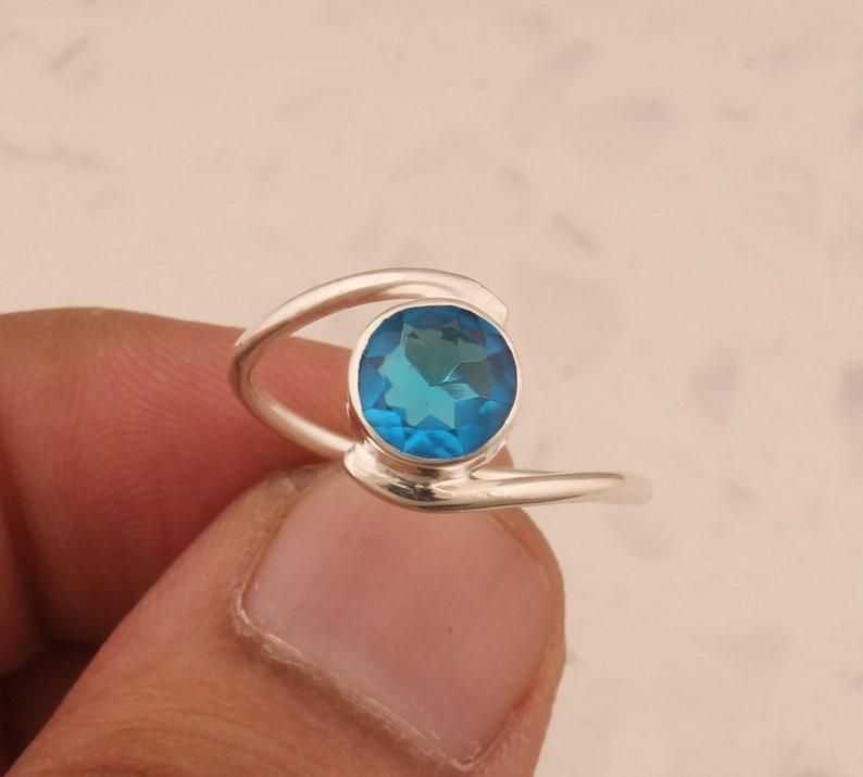 Solid 925 Sterling Silver Blue Topaz Round Gemstone Handmade Designer Ring Stacking Ring Gift For Her