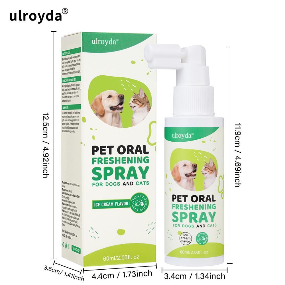 Ульройда Освежающий спрей для полости рта домашних животных, вкус мороженого. Очищает зубы, освежает дыхание, контроль зубного камня для кошек и собак.