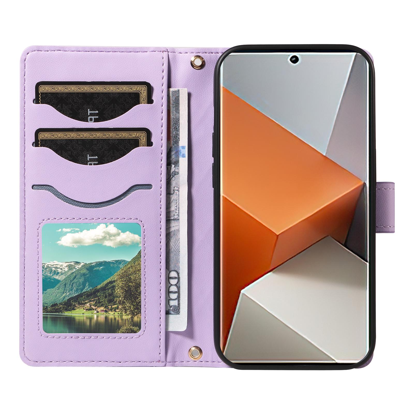 

For Xiaomi Redmi Note 13 Pro+ 5G Case Wallet Rhombus Leather Phone Cover with Shoulder Strap,Wrist Strap Light Purple