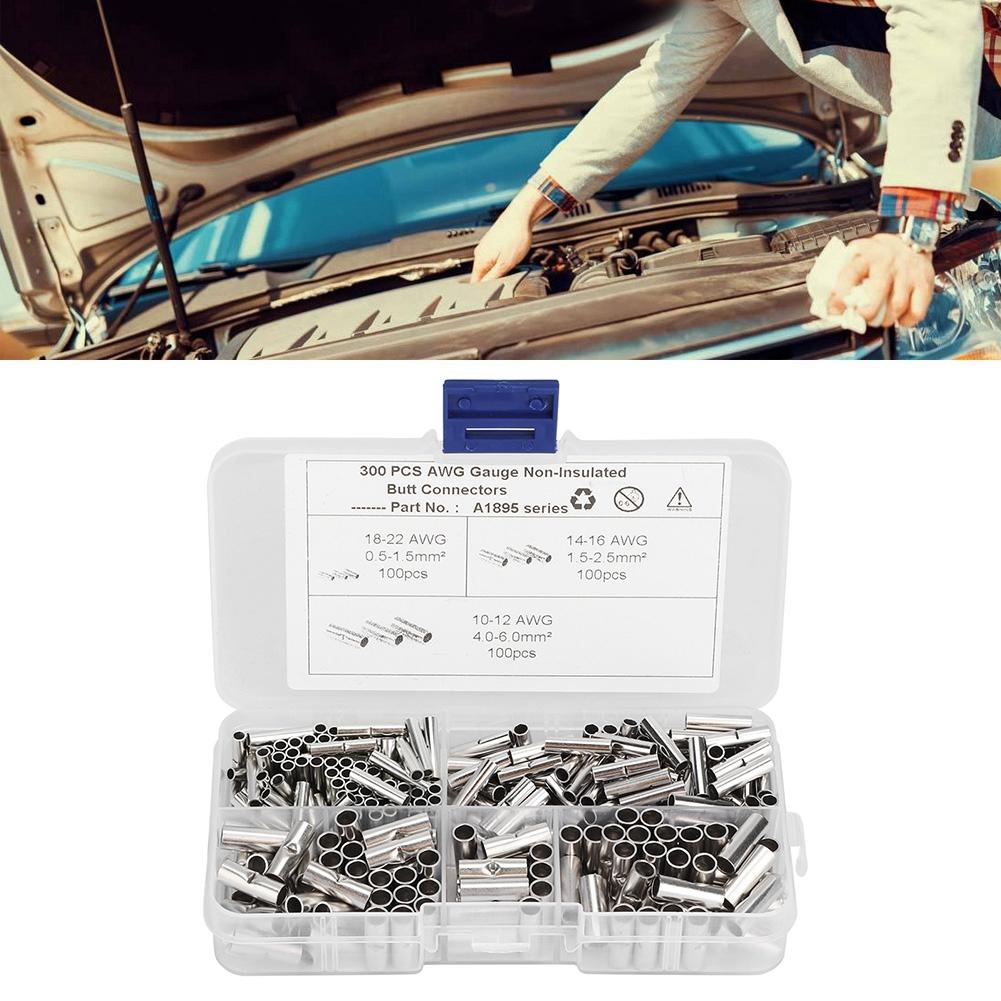 300Pcs Non Insulated Copper Butt Splice Wire Connector Tinned Crimp Terminal Kit for Boat Auto