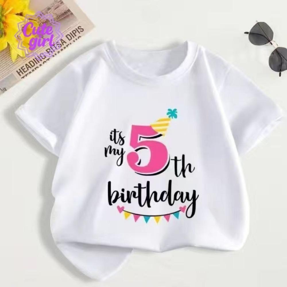 Girl's T-shirt and Children's Short Shirt with Birth Date Number Printed with "birthday"
