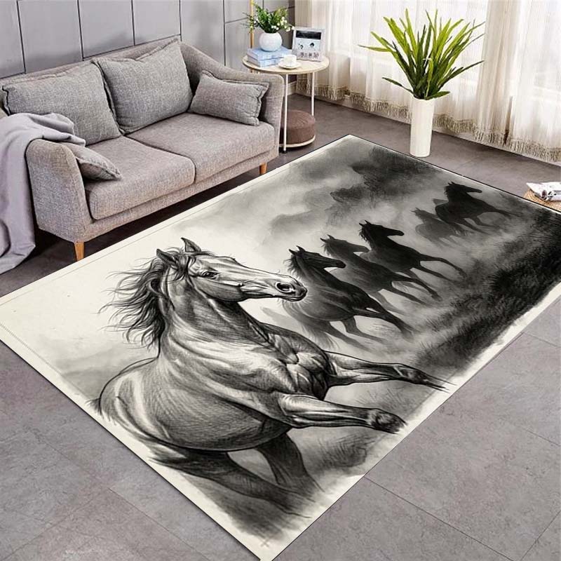 Single Galloping Brown Horse Sunset Meadow Print Area Rug Wildlife Animal Non‑Slip Rectangular Floor Mat Horse Lover Bedroom Home Decor Rug