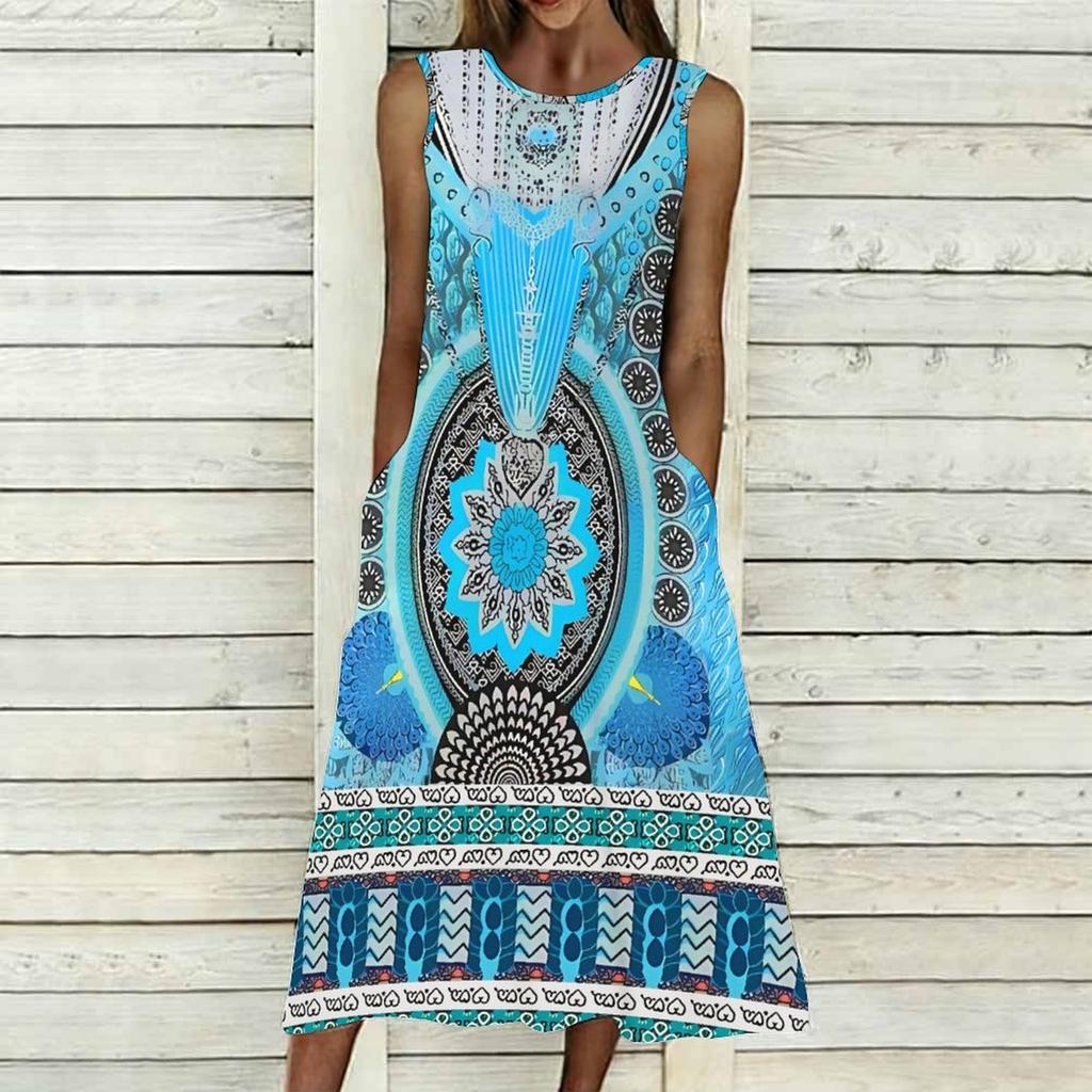 Women Oversized Sleeveless Crew Neck Dress Soft Watercolor Floral Loose Mid Calf Gown