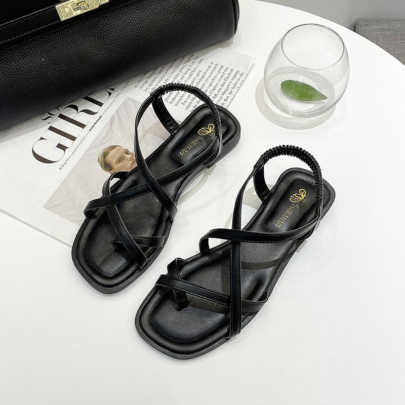 Flat-soled Sandals Women's 2025 Summer New Student Korean Version Fashion One-word Cross Strap Set Toe Beach Roman Shoes