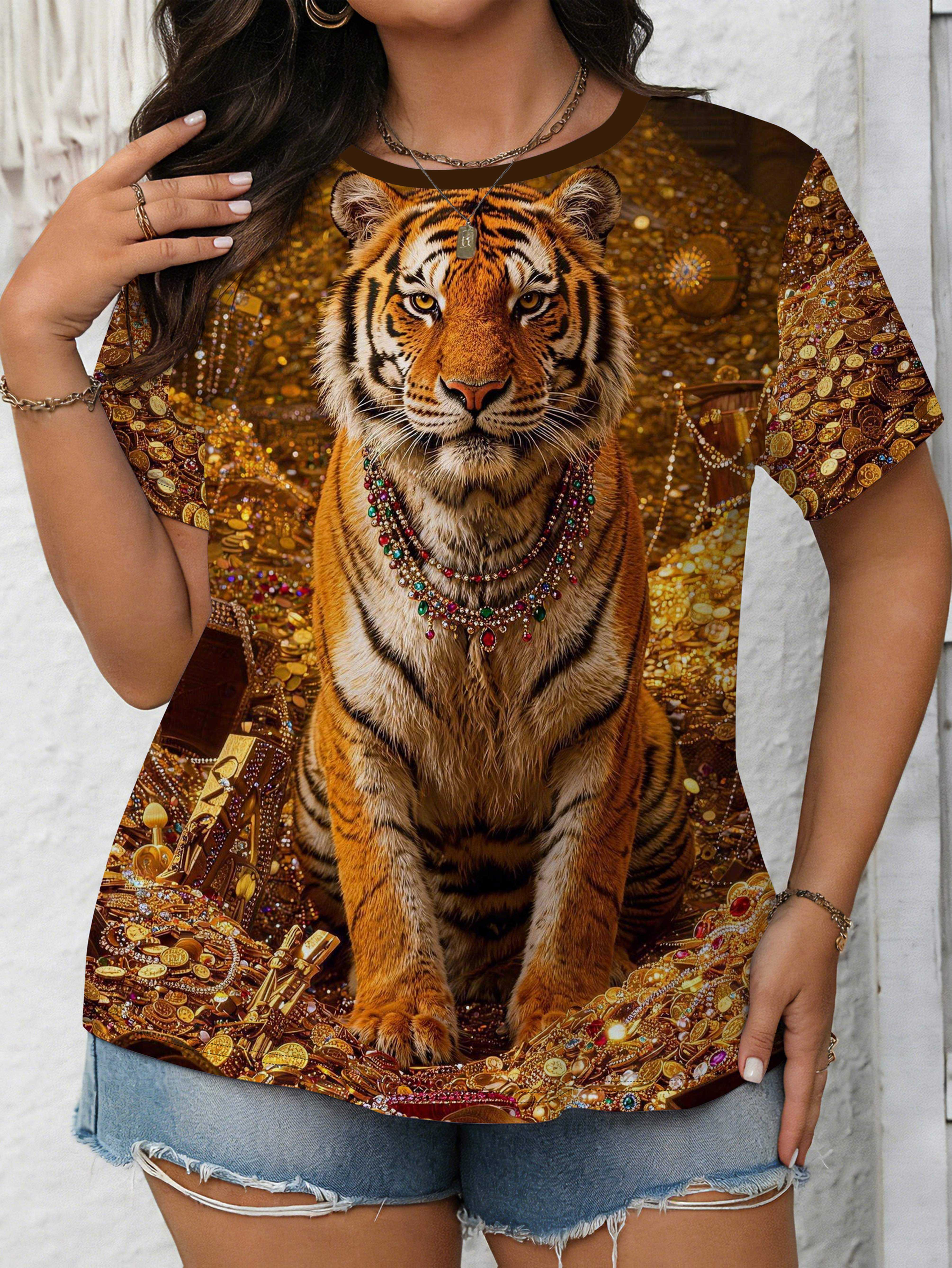 

Plus-Size Women S Short Sleeve T-Shirt with Golden Base And Tiger Print. Fully Adorned with Golden Coins. Exuding a Luxurious And Dominating Style. Su S дубильна кора