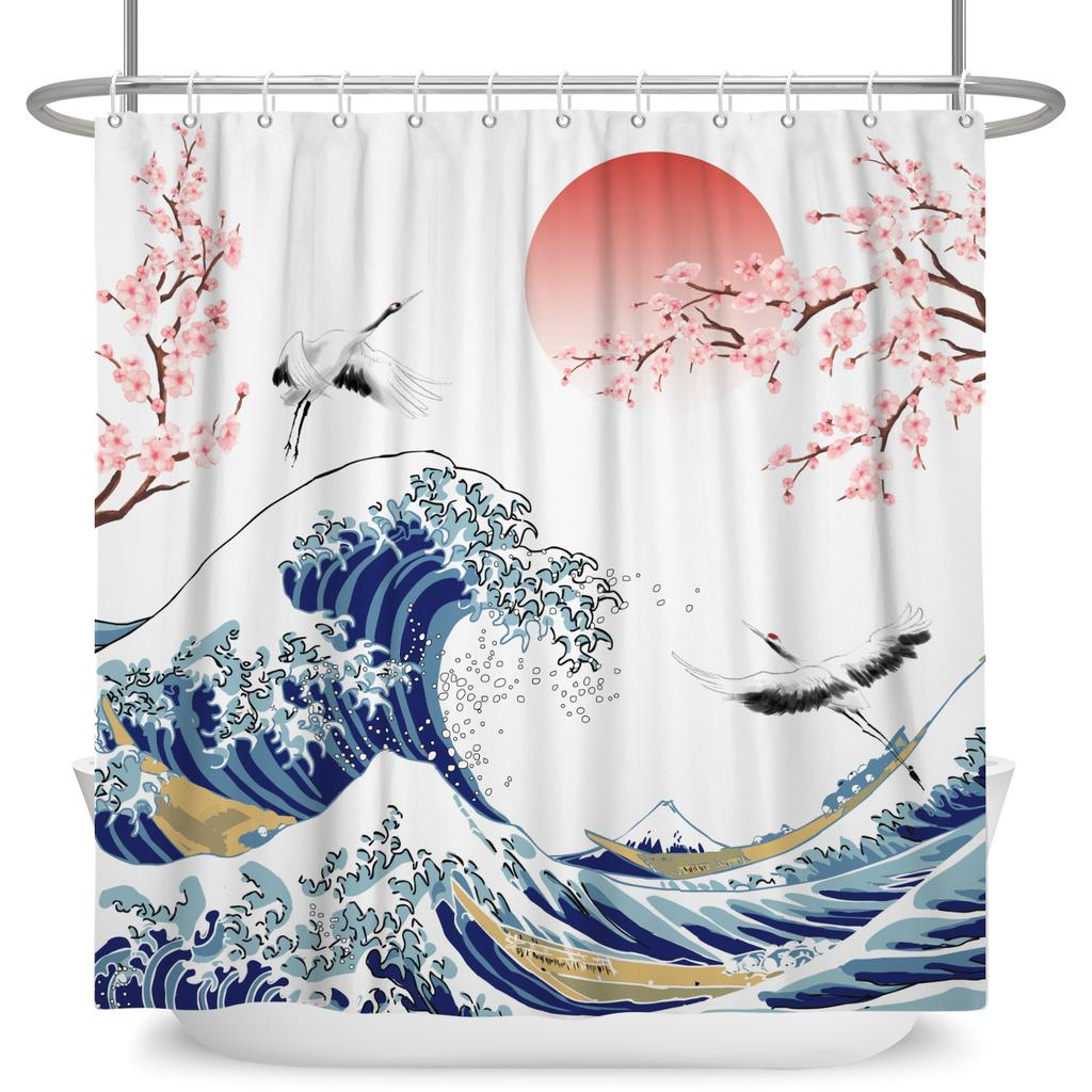 Japanese Style Wave Shower Curtain Ukiyo E Art Cherry Blossom Print Waterproof Bath Curtain Bathroom Decor Polyester With Hooks