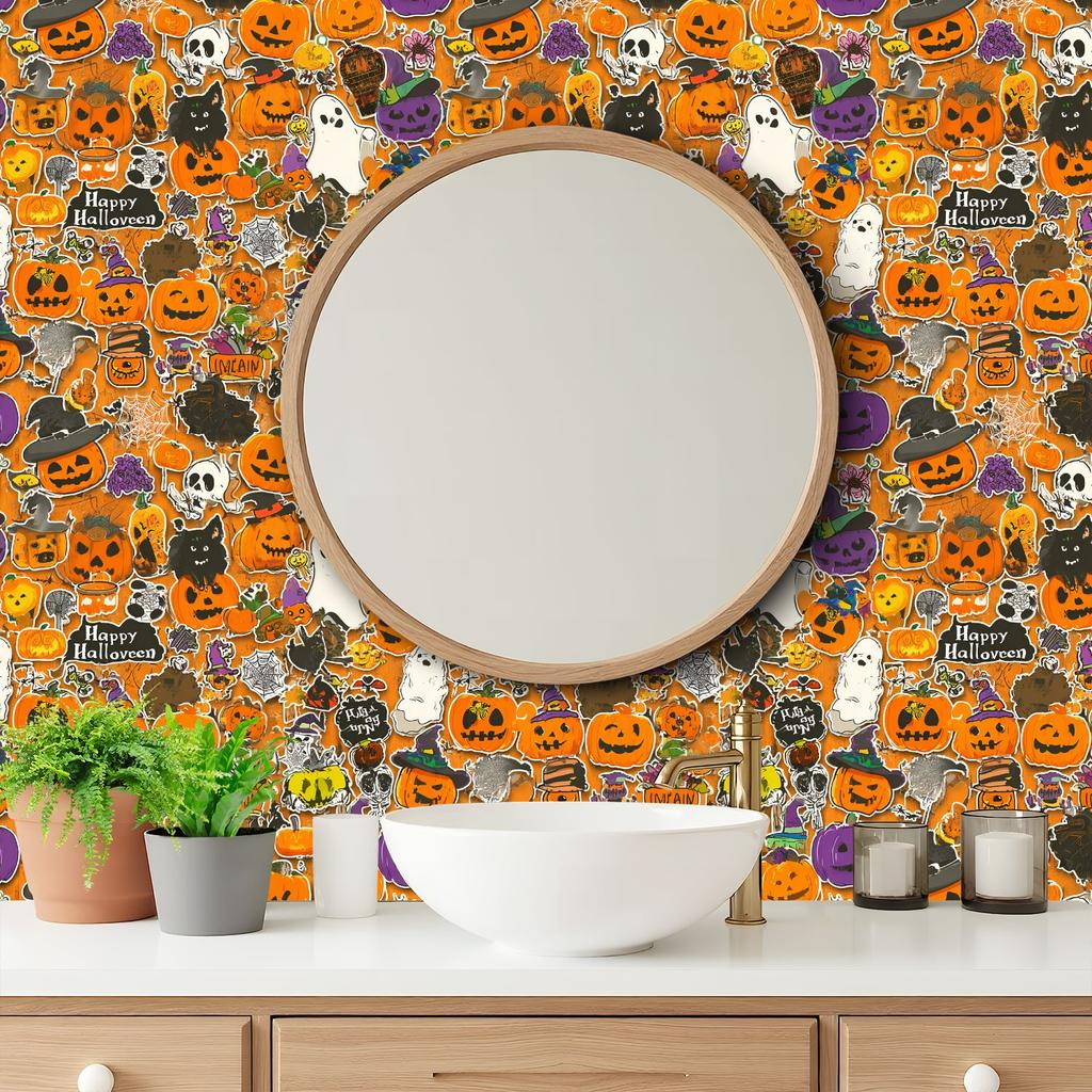 Halloween Sticker Collage Wallpaper 22.83"X118" Waterproof Wallpaper for Living Room/Bedroom/Bathroom PVC Wall Sticker
