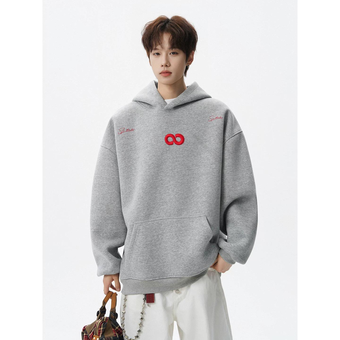 Men s Heavyweight Embroidered Hoodie - Autumn/Winter Plus Velvet Casual Outerwear Extra Large