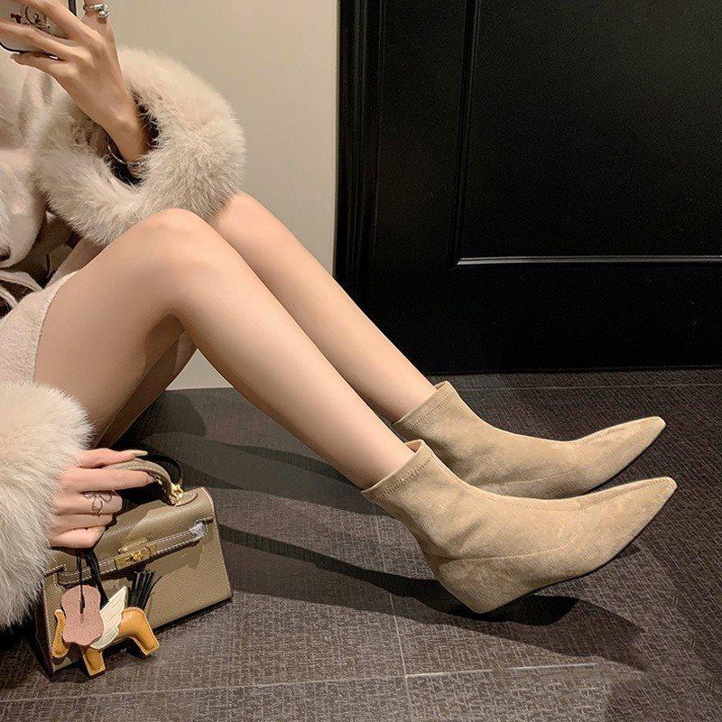 Pointed Head Flat Bottom Flat Heel New Short Boots Women's European and American Thin Boots Autumn and Winter Suede Matte Socks Boots Simple Tempe