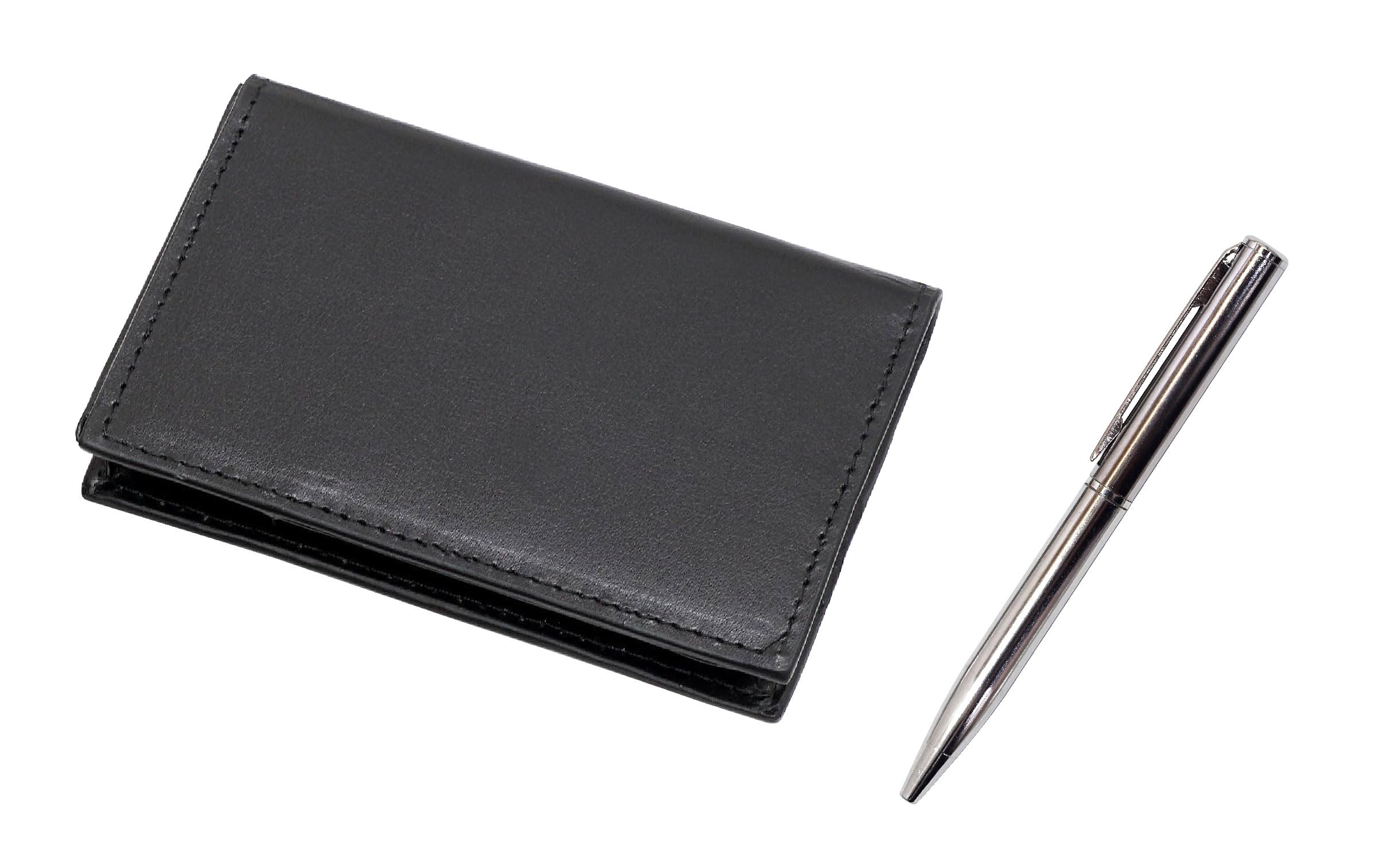 

Takizawa Recycled Cowhide Leather Business Card Holder with Short Metal Rotating Ballpoint Pen 4-Pocket Clip, T23-LS030B-9A094