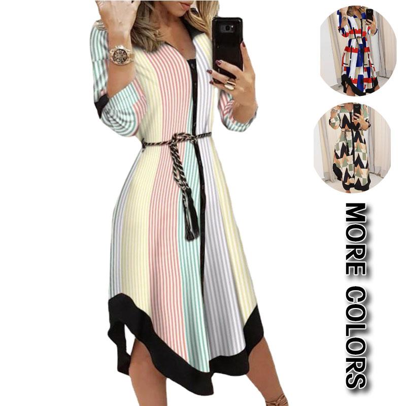 Multi-color Waist Tie Dress European and American Style Slimming Mid-Length Printed Dress Multiple patterns available