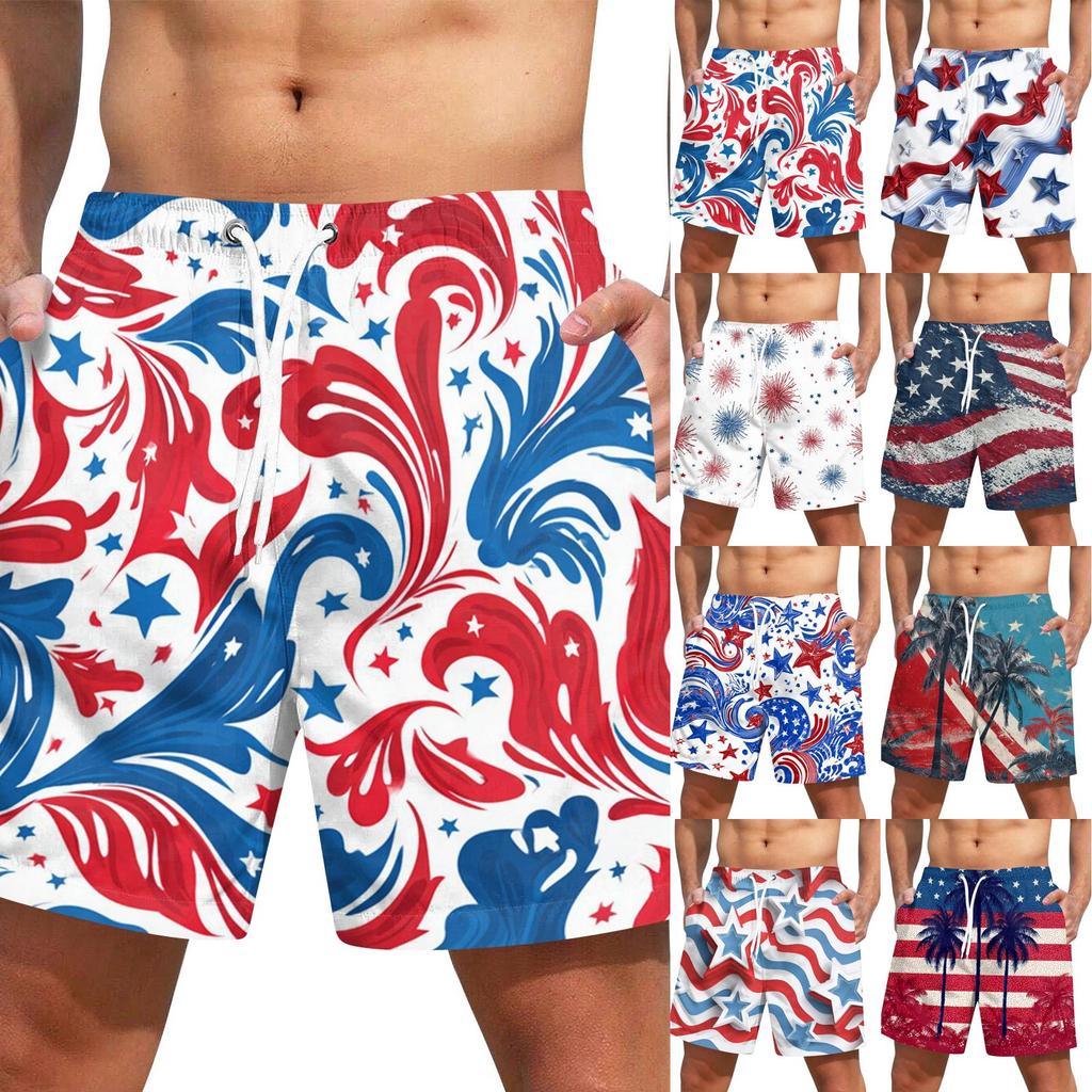 Men Swim Trunks Drawstring Waist 3D Star Print Quick Dry Board Shorts with Mesh and Side Pockets