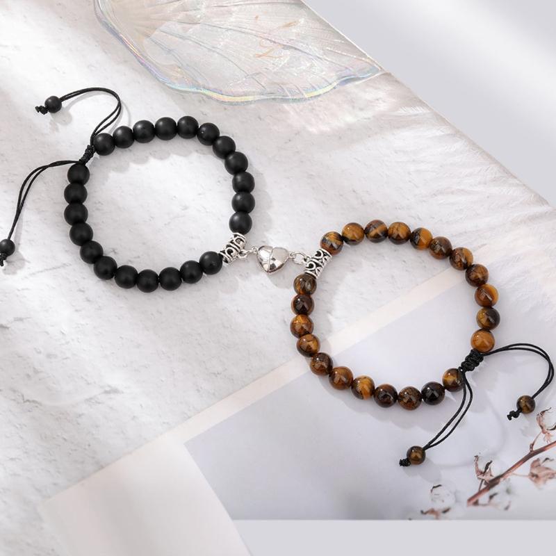 2 Pieces Natural Stone Beads Magnetic Bracelet Couple Connecting Bracelet Valentine's Day Gift for Couple Him and Her