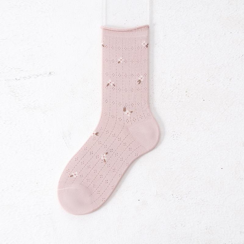 

Женские летние тонкие литературные носки-трубы с мелким цветочным узором из сетки, дышащие, милые, с волнистым краем, без косточек 1 pair розовый