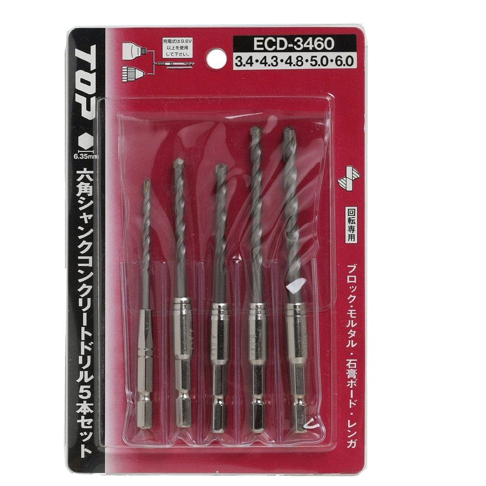 TOP Electric Drill Hex Shank Concrete Drill Set, 5-Piece Set, 3.4mm, 4.3mm, 4.8mm, 5.0mm, 6.0mm, ECD-3460