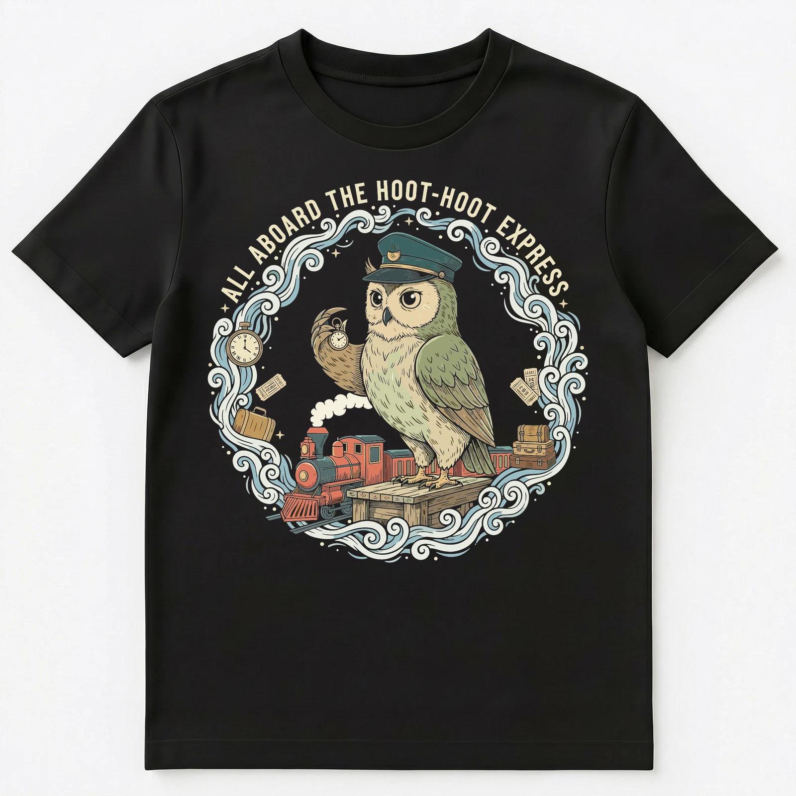 Owl Conductor Whimsical Express Train Enthusiast Unisex T-Shirt M