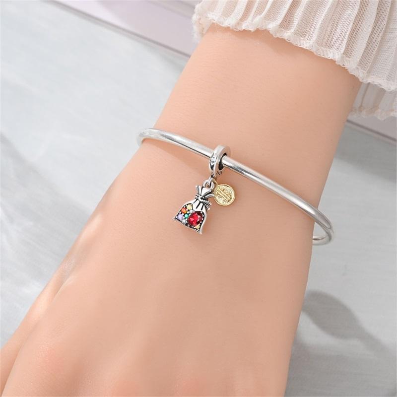 925 Silver US Dollar Wealth Freedom Rich Money Bag Pendants Charms Beads Fit Original Bracelets DIY Jewelry