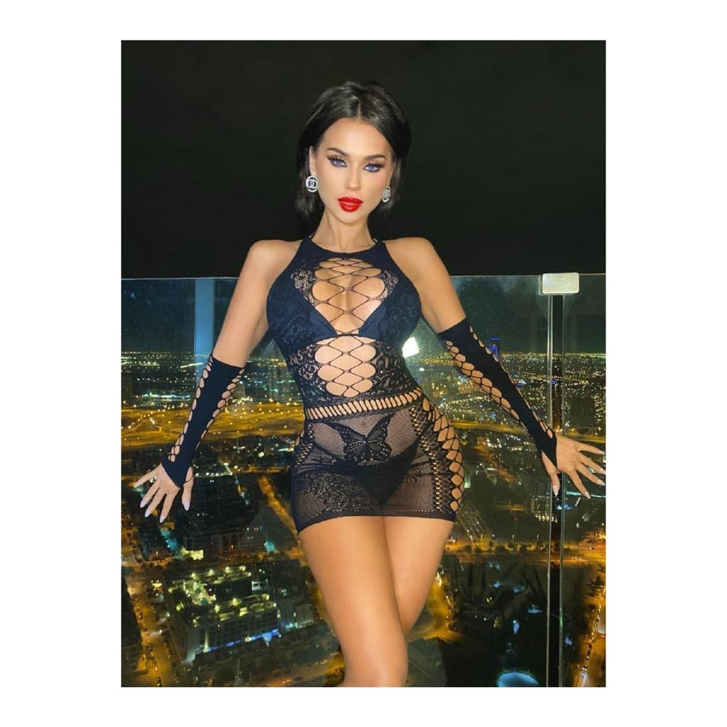 Women's Red Mini Dress With Gloves Fantasy Nightgown Set