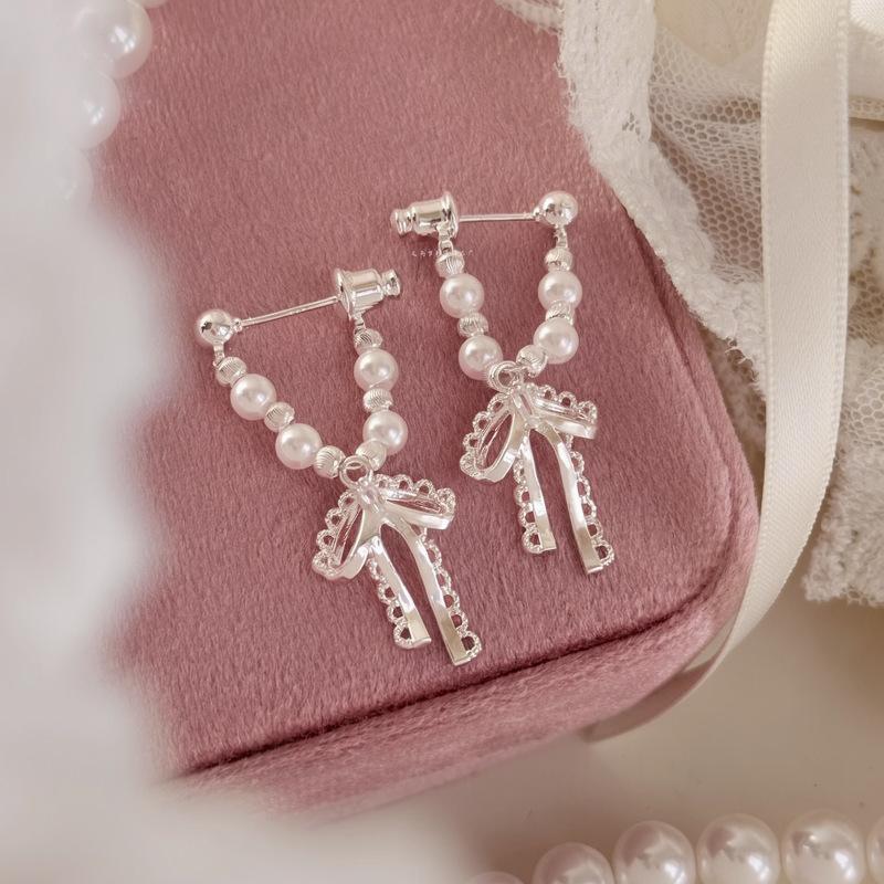 Silver needle bow pendant pearl stud earrings fashion temperament small fragrant style earrings elegant light luxury high sense earrings women