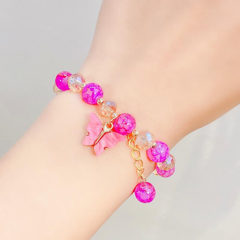 Cute Kids Glass Beaded Bracelet Princess Cartoon Crystal Flower Charm Bangle Handmade Jewelry Gift For Girls Students