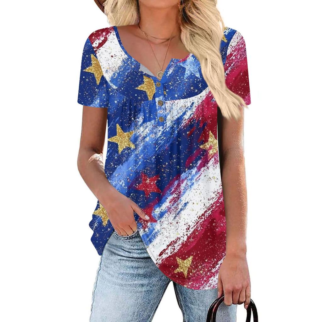 Women Tunic Tops Dressy Casual Summer Short Sleeve Shirts Loose Fit Pleated Boho Top Independence Day