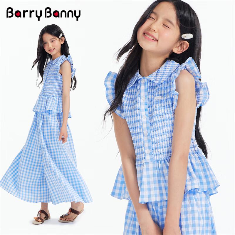 BARRY BANNY Girls Ice Blue Plaid Flutter Sleeve Short-Sleeve Shirt 140