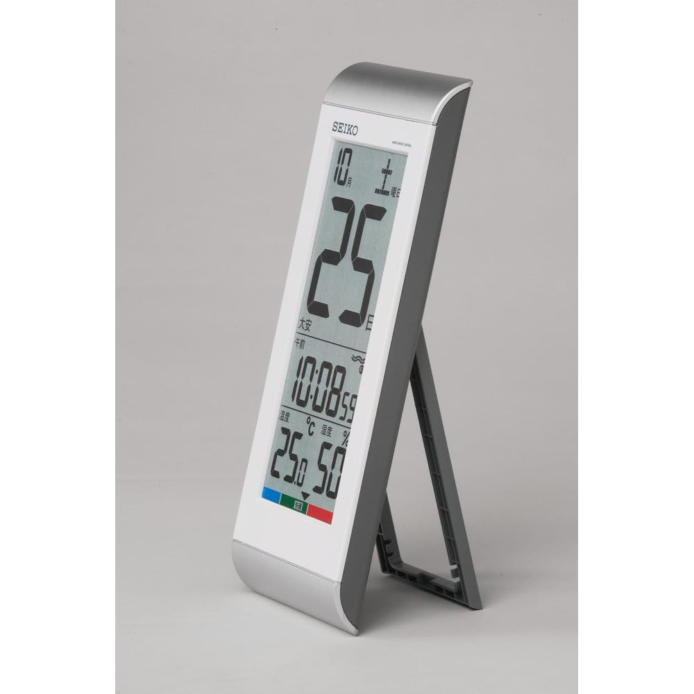 Seiko Clock Desk Clock, Alarm Clock, Wall Clock, Radio-Controlled, Digital, Daily Calendar, Temperature and Humidity Display, Silver Metallic Finish,