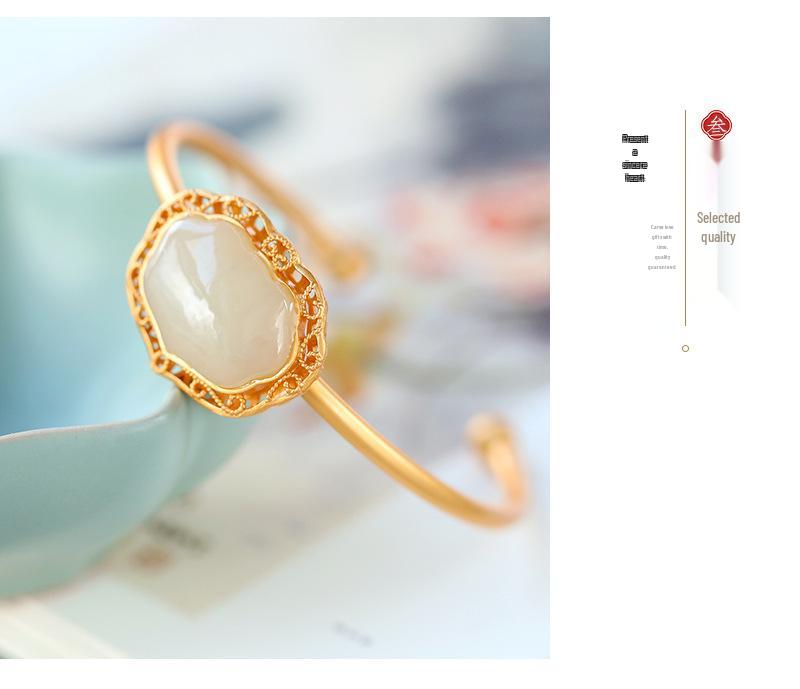 Imitation Hetian Jade Openwork Lace Geometric Bracelet - Retro White Ruyi Lock Fortune Bangle