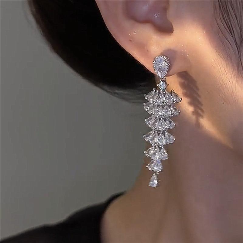 Silver Needle Zircon Waterdrop Tassel Earrings New Fashionable Light Luxury Versatile Stud Earrings with a Unique Sense of High-End Earring Design