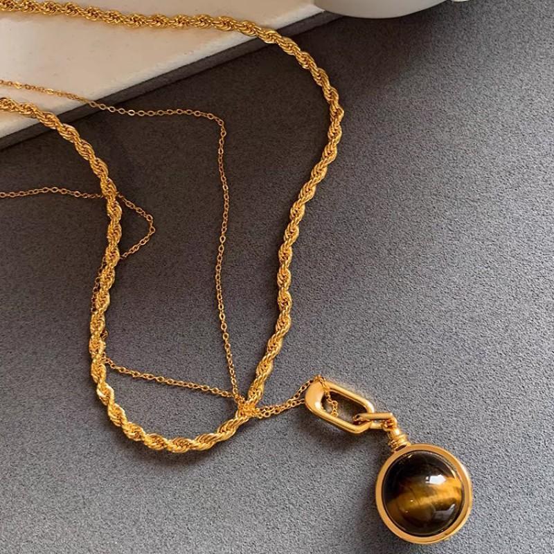 Vintage Style Layered Tiger Eye Stone Necklace Women Men Geometric Design Copper Chain With Twisted Link 51-60cm Length