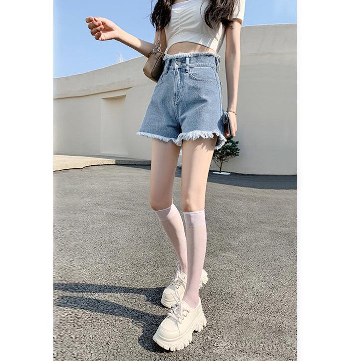 Damen Sommer High-Waist Weitbeinige Ausgefranste Jeans-Shorts - Trendige Petite A-Linie Heißhosen