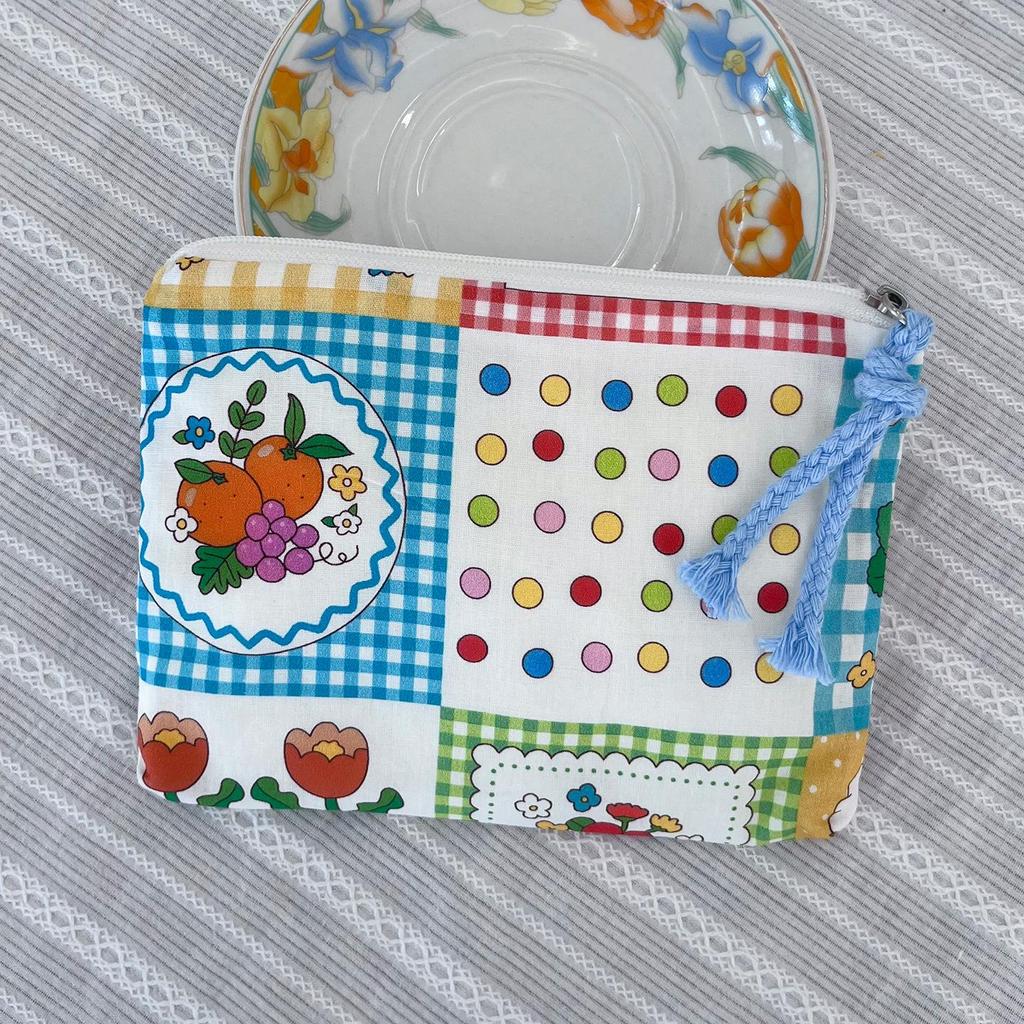 Adorable Blue Cartoon Makeup Bag: Mini Pure Cotton Coin and Earphone Pouch, Lipstick Carrier, Portable Storage.